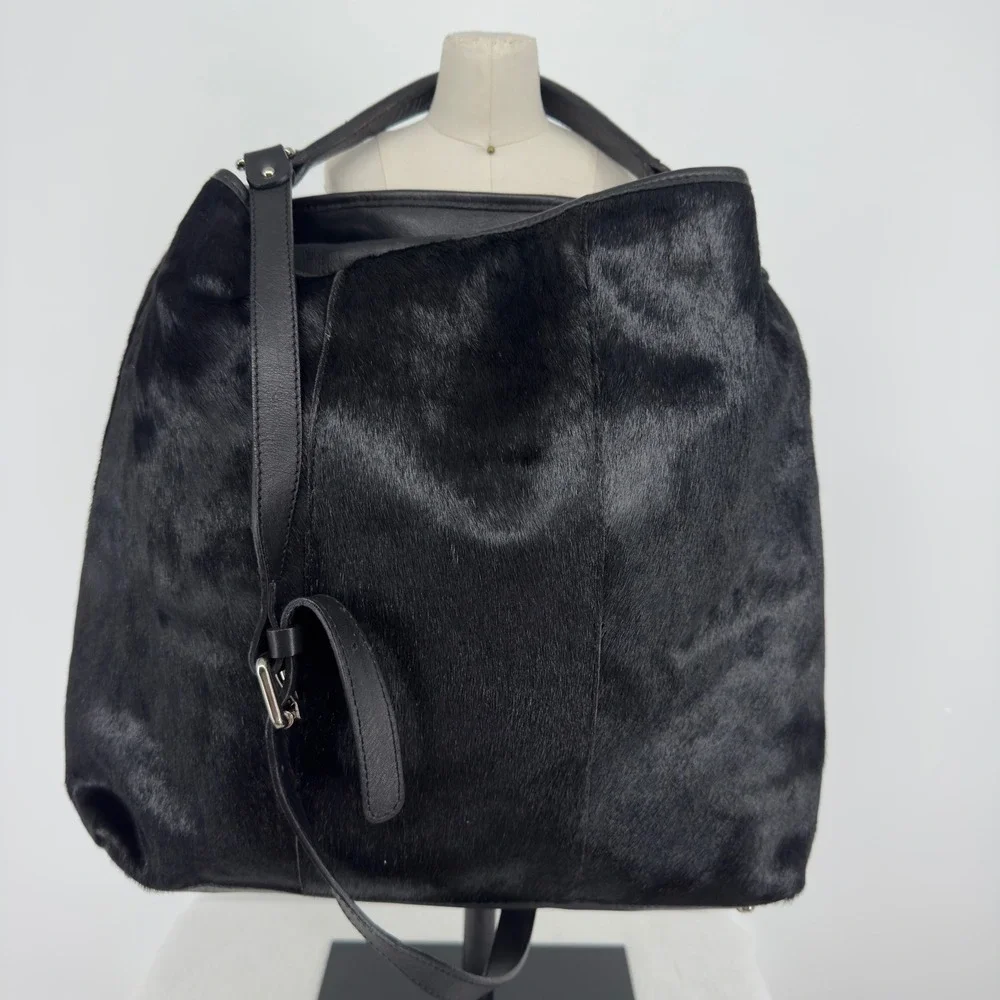 Gianni Chiarini Black Calf Hair Leather Hobo Bag Made in Italy Crossbody Large